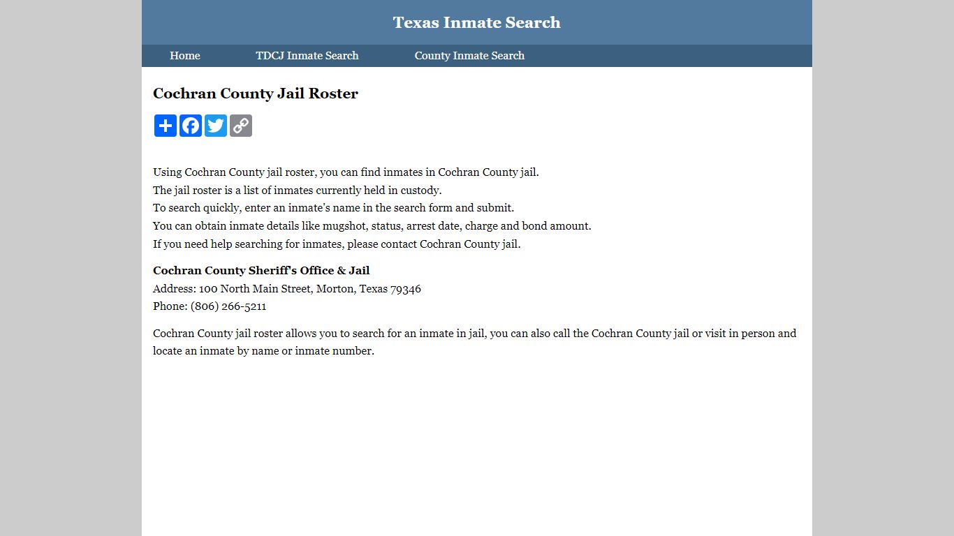 Cochran County Jail Roster - inmatesearchtexas.org